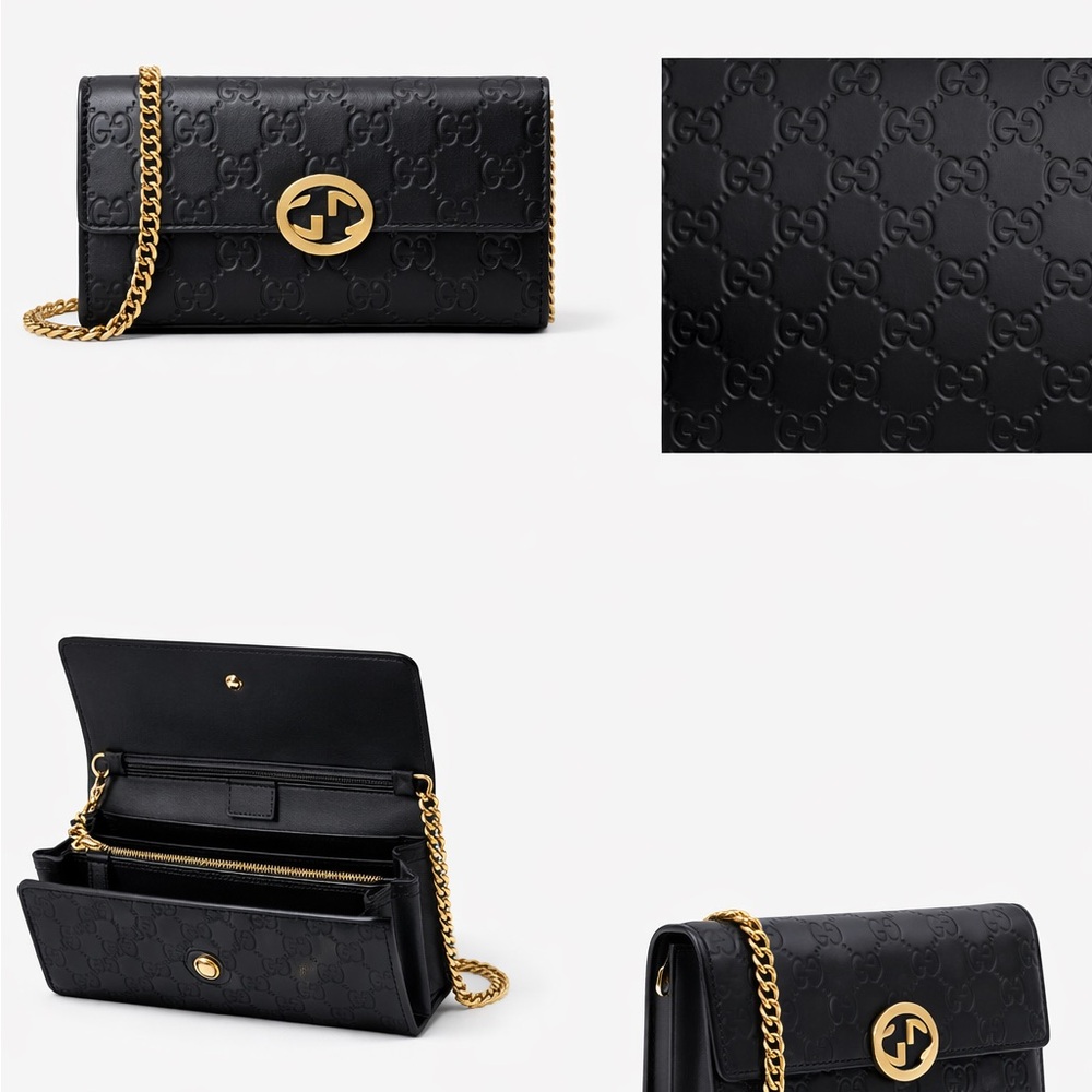 Gucci Crossbody Bag GG Blondie Black Leather Chain Wallet Gold Logo